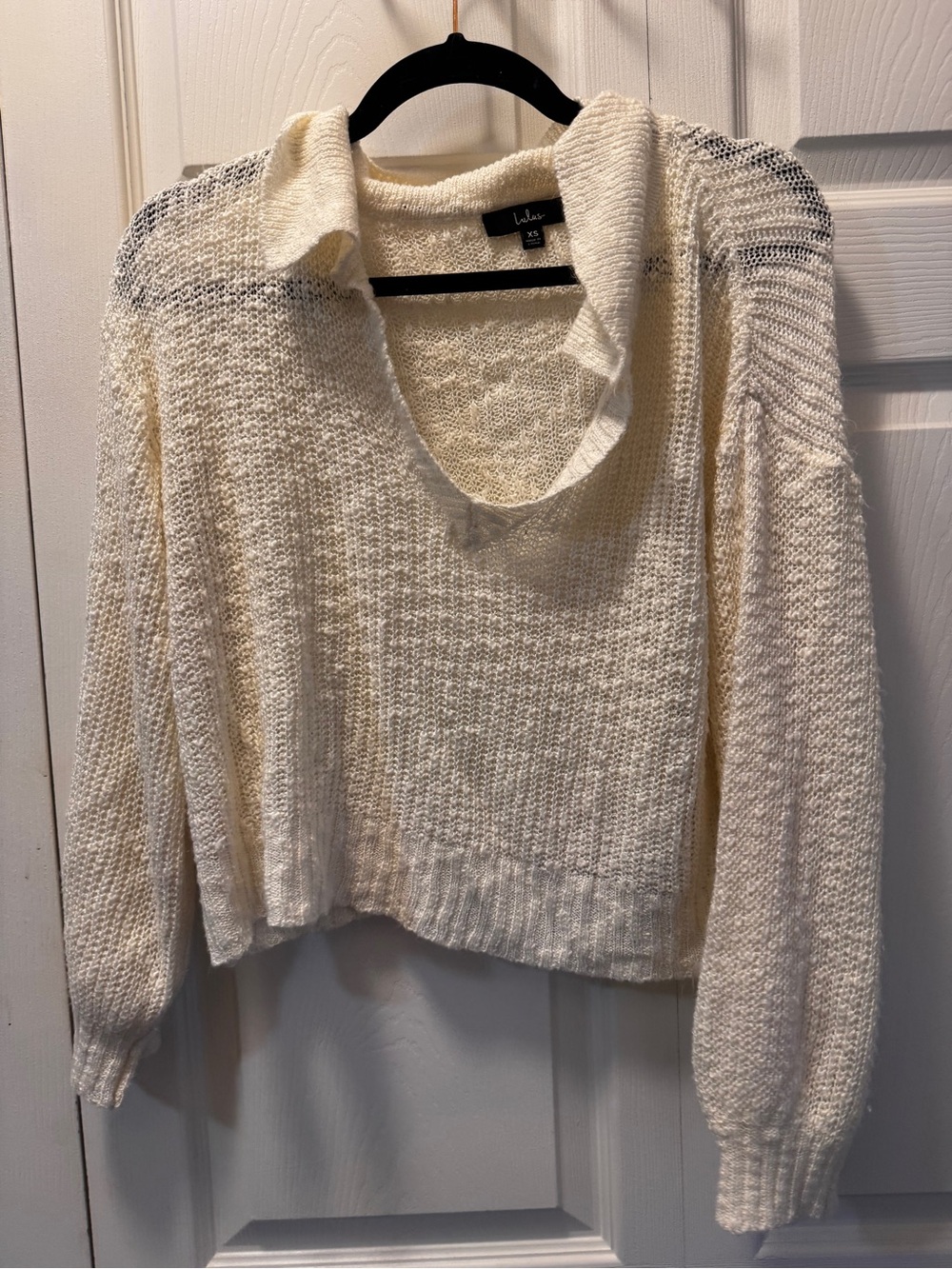 Lulu's Ivory Open-Knit V-Neck Collared Sweater